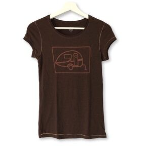 Alo Yoga Cool Fit Womens Brown Camper Graphic T-Shirt Contrast Stitching Size S